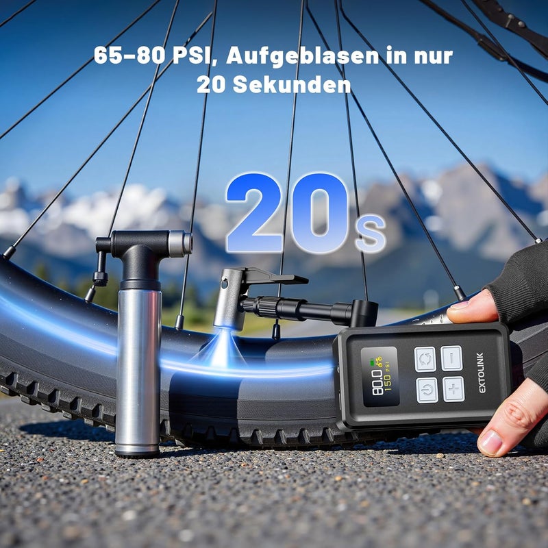EXTOLINK Mini Bike Tire Pump - 20s Fast Inflate Electric Bike Pump with Gauge, Max 150PSI Electric Air Pump with Presta & Schrader Valve for Road Bike, Mountain Bike, Electric Bike - Image 2